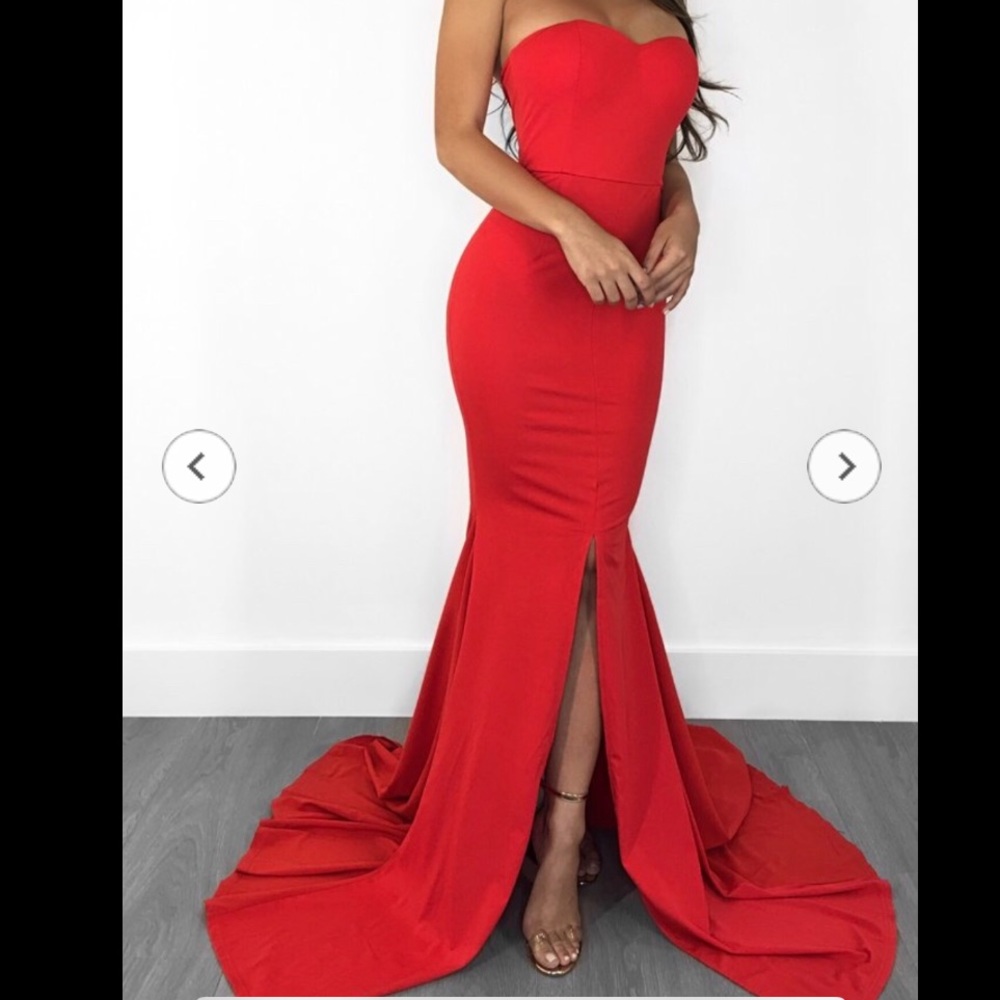 Red strapless gala gown